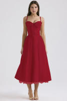 Vestido midi de satén con tirantes finos para mujer, abertura frontal, ahuecado, con bolsillos - details 47