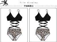 Traje de baño dividido de cintura alta para mujer, bikini multicolor con estampado de cuello halter cruzado - details 35