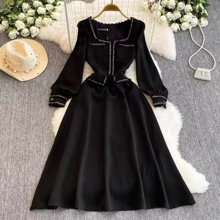 Vestido largo por debajo de la rodilla ajustado Vintage para mujer Otoño Invierno nuevo A-e cuello cuadrado de manga larga Fiesta Club Formal - 1