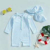 Traje de baño protector para niños y niñas de 0 a 3T Conjunto de 2 uds., estampado a rayas, manga larga y cuello redondo - details 2