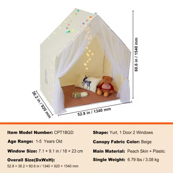 SucceBuy Tienda de campaña para niños, de 1 a 5 años, con tapete y lámpara, ventanas, interior y exterior, yurta para niños y niñas - 1