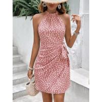 Vestido fruncido floral de lunares sin mangas con cuello halter a la moda de verano para mujer - details 13