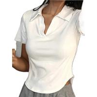 Top de manga corta con solapa para mujer, jerseys lisos con cuello en V, camisas Retro dulces, Top corto para chica, camiseta versátil ajustada para mujer - details 0