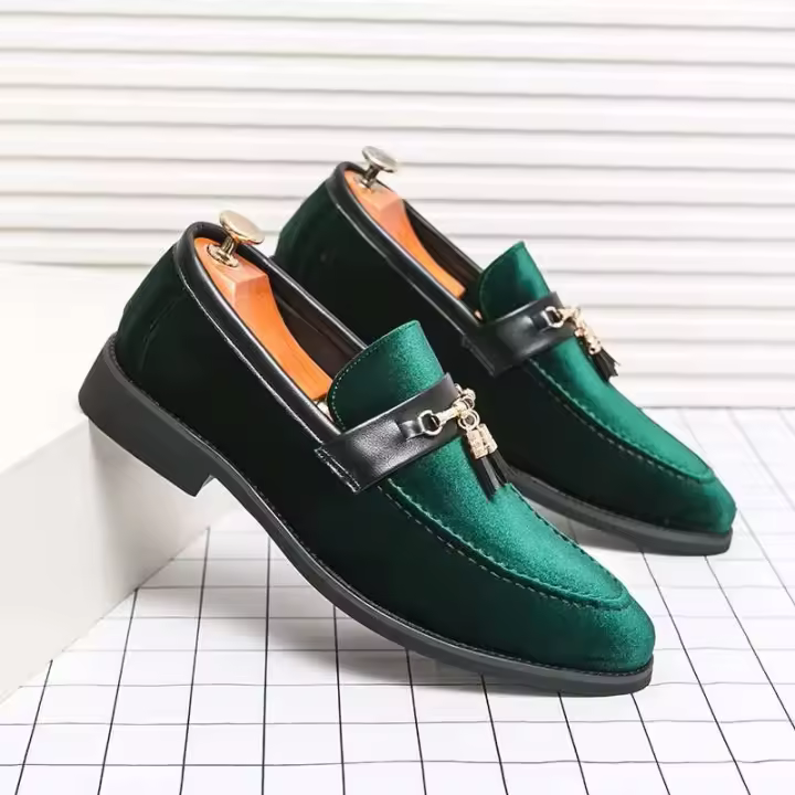 Bodas casuales de gran tamaño azul verde, cómodos zapatos de cuero de gamuza con borlas para ocasiones formales - 1