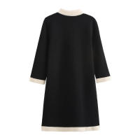 Vestido corto de punto con cuello polo y mangas hasta el codo para mujer, estilo vintage, con parches negros, mini vestido informal de otoño. - details 1