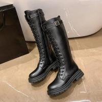 Botas de combate con plataforma alta para mujer, zapatos de cuero negro con cordones hasta la rodilla - details 4