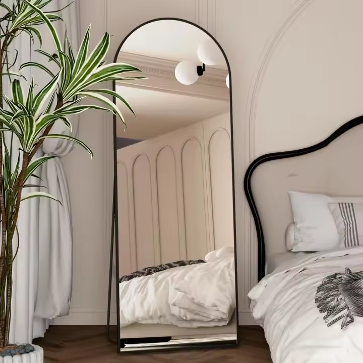 Espejo de arco de pie con soporte, 162 x 53 cm, cuerpo entero, negro, para colgar o apoyar contra la pared, para entrada o dormitorio. - 1