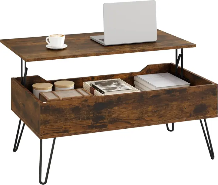 Mesa de Centro Elevable y Extensible Con Espacio Interno, Auxiliar Con Patas Metálicas Para Salón, 95x50x(40-55,5) cm, Marrón Rústico, BTS18hov - 1