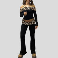 BUNO-Top corto con estampado de leopardo para mujer, camisetas de manga larga con hombros descubiertos, estética Y2K, ropa Grunge Fairycore - details 5