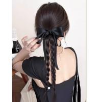 Estilo de Ballet, cola de caballo con lazo negro, extensión de cabello trenzado de boxeo, peluca de cola de poni, peluca trenzada de giro largo Natural para mujer - details 6