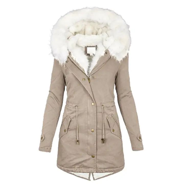 Camiseta con capucha de lana blanca cálida de longitud media para otoño/invierno con forro para mujer - 1