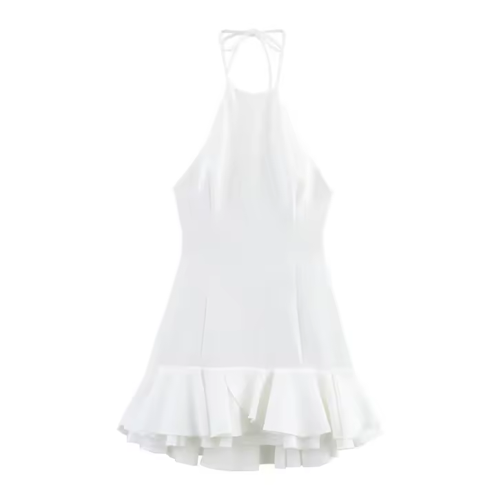 PB&ZA2025Vestido corto con temperamento, versátil, sin espalda, con dobladillo hinchado, decoración en capas, estilo cuello halter - 1