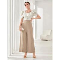 Pantalones de vestir coreanos elásticos cómodos y elegantes de cintura alta anchos de pierna recta marrón para mujer - details 11