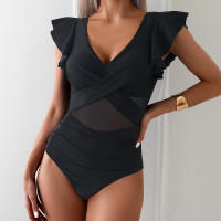 New Clashing One-piece Swimming Costume Small Fly Sleeve Bikini Women Quick Dry Sports Deep V Cross Hollow One-piece Swimsuit - details 8
