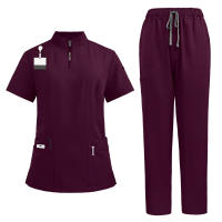 Nueva enfermera mujer pantalón corto Casual ropa de manga Top farmacia trabajo médico Hospital médico uniforme para enfermería cuello alto cremallera - details 2