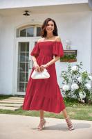 Vestido de manga corta fruncido con cuello cuadrado y espalda descubierta a la moda para mujer - details 18