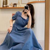 Vestido de verano para mujer, fruncido plisado, cuello cuadrado, manga corta, manga de burbuja, vestido de mujer de Color sólido, vestido Midi con dobladillo suelto - details 3