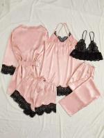 Conjunto de Pijama de Satén para Mujeres Ouwu Lencería Sexy Rosa, Toalla de Baño Floral, Vestido de Noche de Seda, Pantalones Política de Devolución - details 1