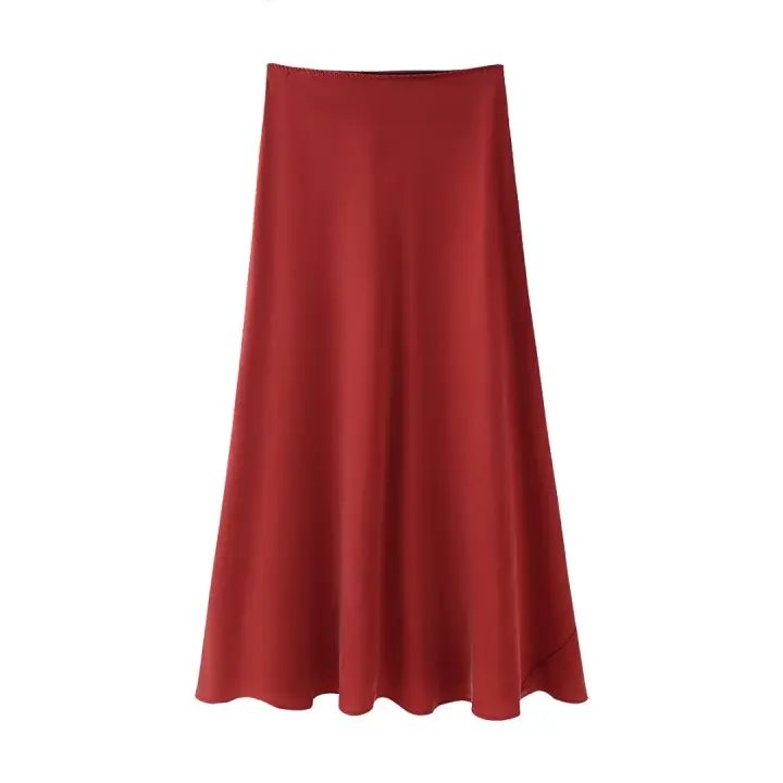 Falda Midi de satén de cintura media para mujer, falda elegante en rojo y negro, High Street - 1