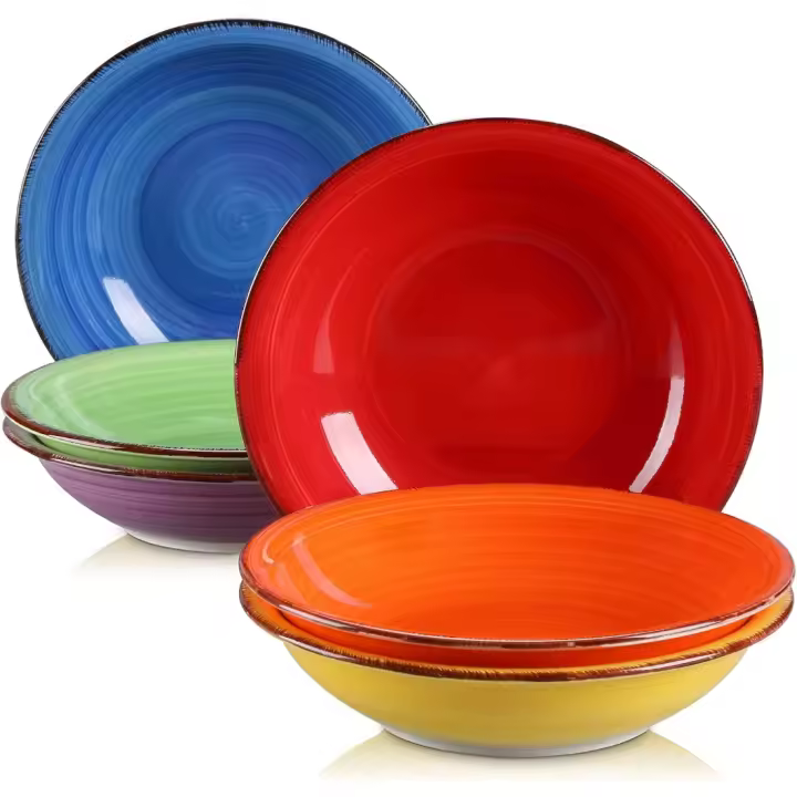 Plato de Sopa serie Bonita Platos Hondos de 6 piezas 750ml Vajilla Vintage de Cerámica Borde de Marrón Bobinas pintadas a mano Esmalte de Color de doble cara- 6 Colores - 1