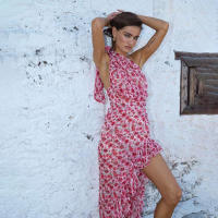 BUNO-vestido Midi con estampado Floral para mujer, traje de hombro inclinado, con volantes, dividido, ajustado, para vacaciones y calle - details 6
