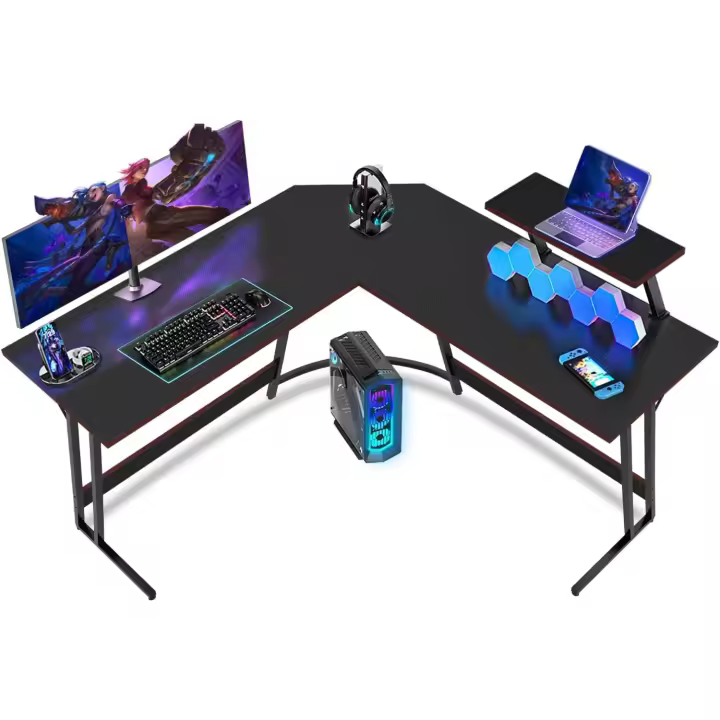 Gaming de Esquina,130 x 130cm,Escritorio Gamer en Forma de L con Soporte de Monitor, Gancho para Auriculares,para Estudio,Oficina,Gaming,Dormitorio(Carbono Negro) - 1