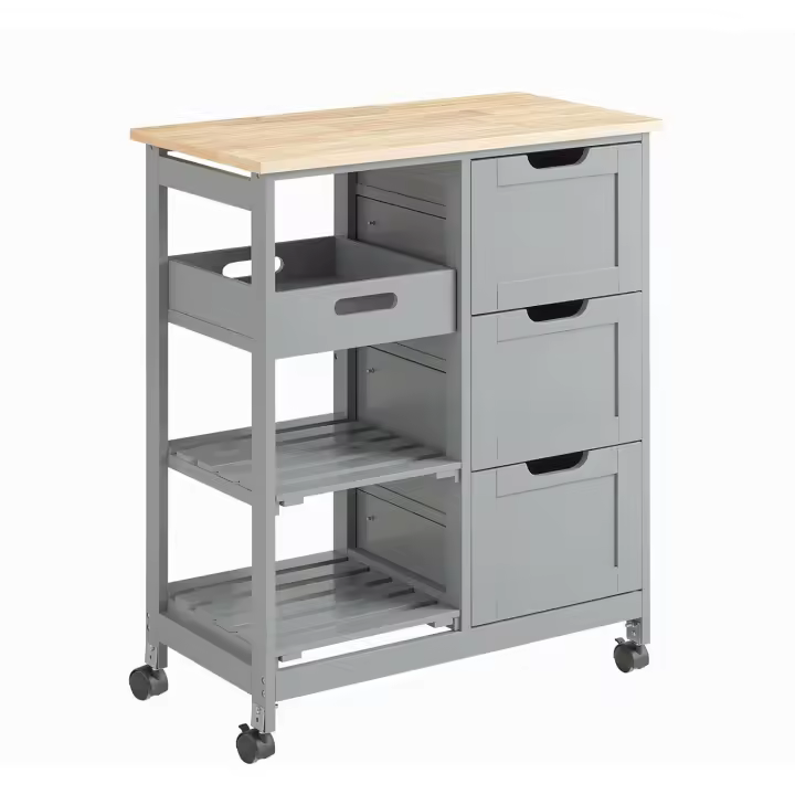 Carro de Almacenamiento Mueble Auxiliar Cocina Carrito de Servir con 3 Cajones 2 Estantes y 1 Bandeja Extraíble Gris ES - 1