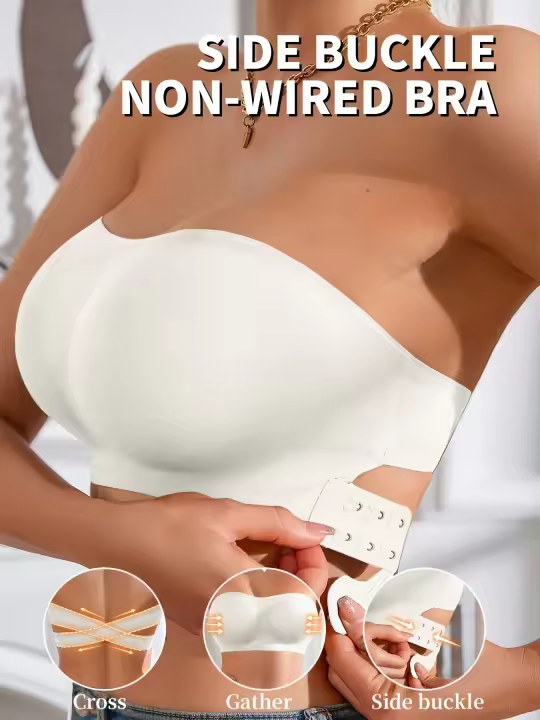 Sujetador blanco sin costuras para mujer, cierre lateral sexy, espalda cruzada forrada, sujetador suave, cómodas almohadillas de sujetador, tirantes ajustables, ropa interior elástica tipo tubo - 1