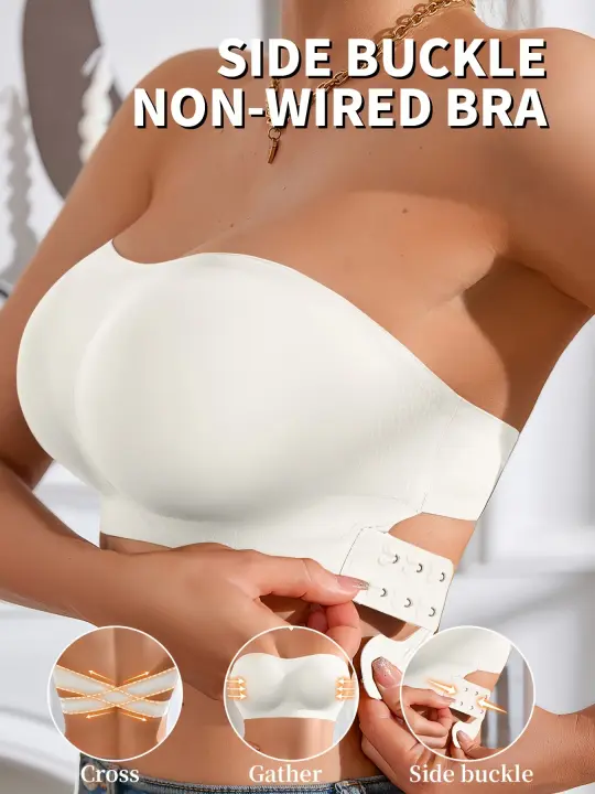 Sujetador blanco sin costuras para mujer, cierre lateral sexy, espalda cruzada forrada, sujetador suave, cómodas almohadillas de sujetador, tirantes ajustables, ropa interior elástica tipo tubo - 1