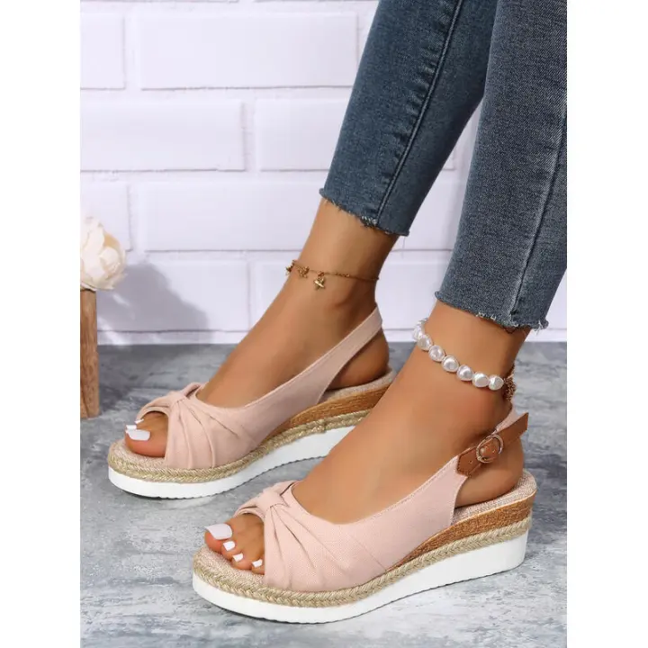 Nuevas sandalias casuales de cuña con lazo de cuerda de cáñamo de gran tamaño para mujer - 1