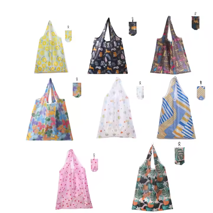 Bolsas de Compra Reutilizables de Polyester Paquete de 8, Bolsas Plegables, Lavables para Mujer con Asa de Transporte - 1