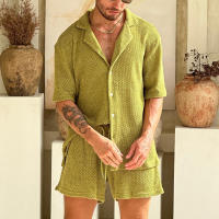 Camisas de cuello alto ajustadas para hombres, camisa de manga corta + pantalones cortos con cordón, tres casual de verano - details 3