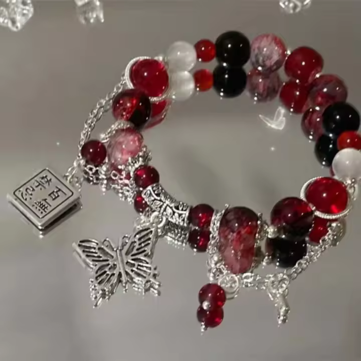 Pulsera de Cruz de Pluma de Cristal Rojo Estilo Chino Cadena de Cuentas Elástica Vintage para Niñas Mujeres Joyería Regalos - 1