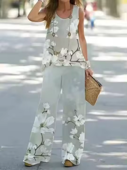 Conjunto de 2 piezas para mujer, tops y pantalones estampados, chaleco elegante, pantalones de verano - 1