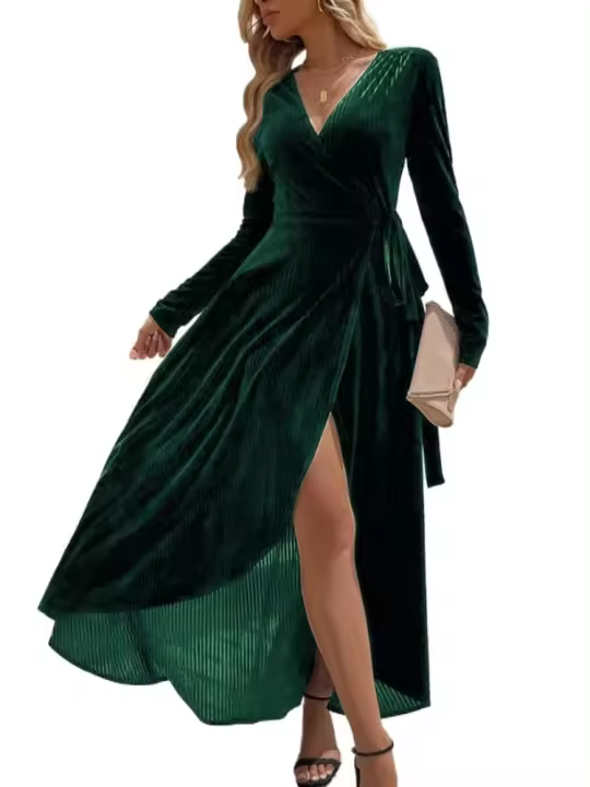 Vestido largo dividido suave de color sólido con cuello en V y manga para mujer - 1