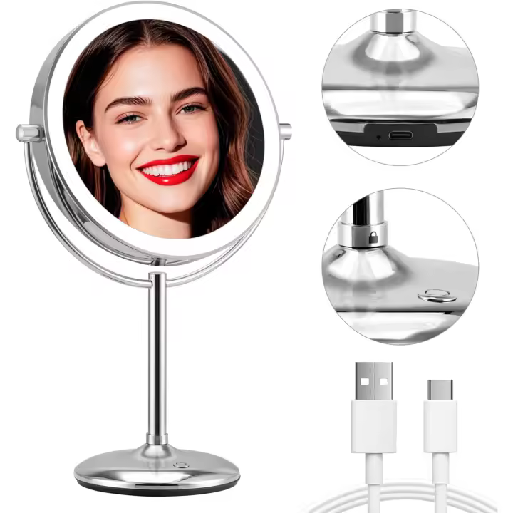 Luces de 9": aumento de maquillaje iluminado 1X/15X, espejo de aumento True HD con luces de 3 colores, 360 ° Escritorio giratorio de doble cara - 1