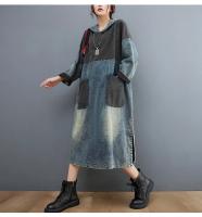 Vestido de mezclilla casual con capucha vintage suelto para mujeres Masss Wasss 2024 grande para primavera moda con estilo patchwork lavado a mano - details 5