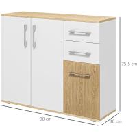 Moderno Estante de Almacenamiento para Sala de Estar Cocina con 2 Cajones, 2 Armarios y Estantes Ajustables para Dormitorio, Comedor 90x30x75,5 cm Blanco y Natural - details 2