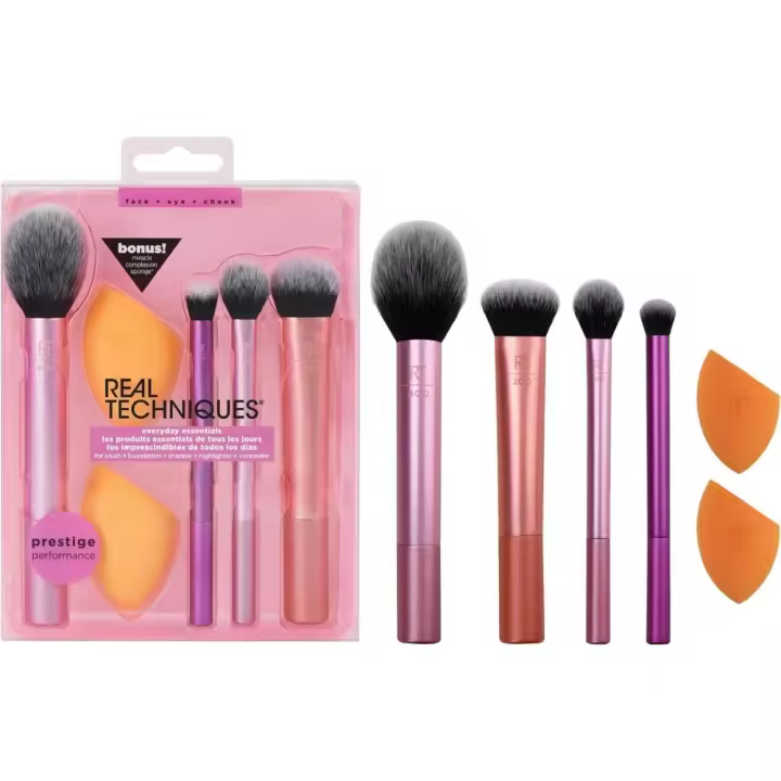 Real Techniques Kit de esponjas de maquillaje Everyday Essentials, 4 brochas de maquillaje y 2 esponjas mezcladoras de maquillaje, para base, colorete, bronceador, juego de 6 piezas - 1