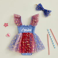 Pudcoco-Conjunto de 4 de julio para niña, pelele con estampado de estrellas y letras, vestido de malla con mangas voladoras y diadema con lazo, conjunto de 2 uds. - details 4