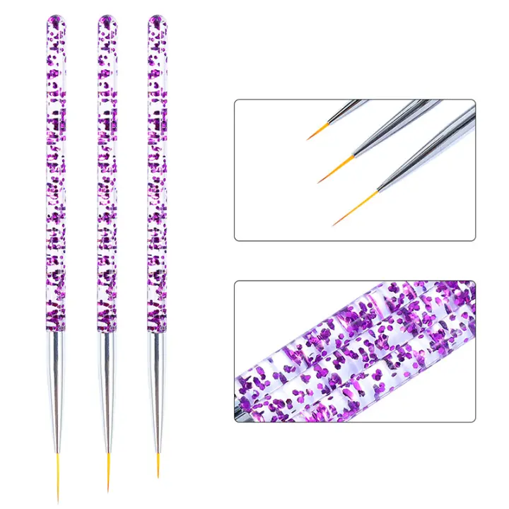 Pincel de Pintura de Línea de Arte de Uñas Set de 3 Pinceles de Brush de Gel UV Acrílico para Diseño Francés Herramienta de Manicura con Linea Cristal y Brillo - 1