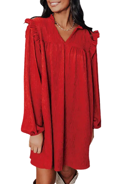 Elrachen Mini vestido de mujer con ribete de volantes y cuello en V, corte holgado, rojo fuego, tallas S-XL - 1