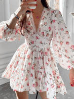Women Summer Vintage Mini Dress Long Sleeve Floral Print Ruffles V Neck High Waist A Line Cocktail Dresses - details 1