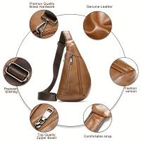 Bolso de pecho de cuero genuino para hombre - Bandolera moderna con forma de silla de montar con compartimentos con doble cremallera, marrón, correa de hombro ajustable, cierre de cremallera seguro, ideal para salidas informales, bolso bandolera informal - details 6