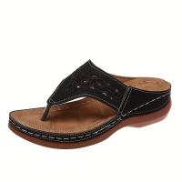 Women Fashion Wedge Sandals Casual Faux Leather Solid Color Flip Flops Lightweight & Comfortable Shoes - details 5