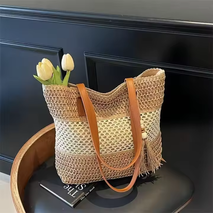 Bolso de paja tejido hueco de un solo hombro, estilo de vacaciones, bolso de playa, bolso de paja de color en bloques - 1