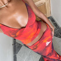 BUNO-Conjunto de 2 piezas con estampado Tie-Dye de gato extraño para mujer, moda Hipster Y2K, camisola elegante con cuello en V + faldas Maxi, ropa de calle a juego - details 4