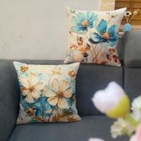 Funda De Lino Mezclado Con Flores Blancas, almohadas Azules Y Doradas De Estilo Crema, 4 piezas - details 1