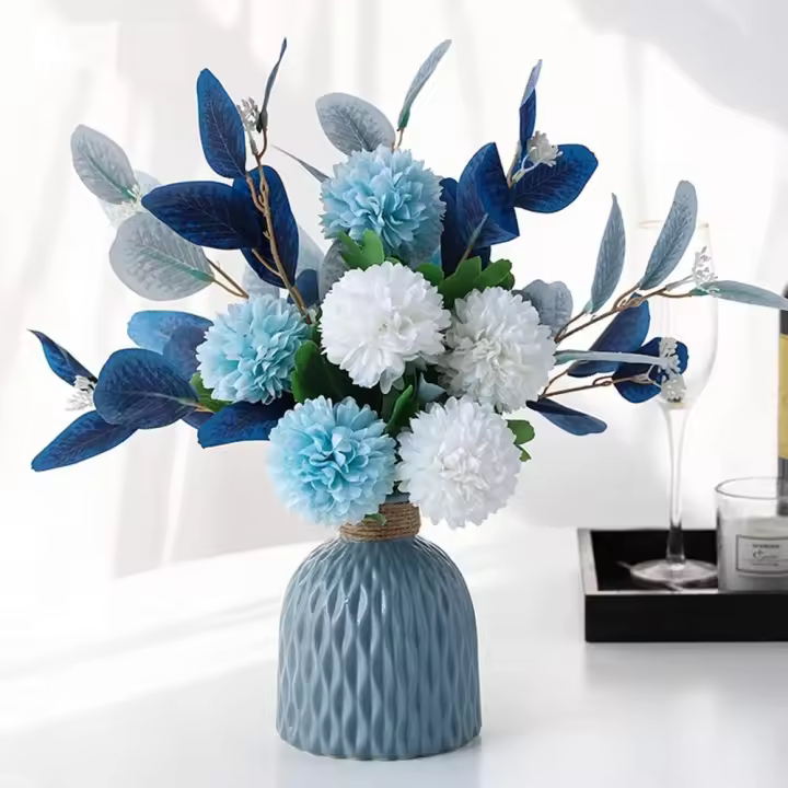 Flores Artificiales con jarrón de hortensias sintéticas, arreglos Florales para decoración del hogar, jardín, Fiesta, Boda - 1