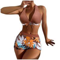 Bikini abierto con estampado de hojas retro en talla grande, conjunto de traje de baño de dos piezas con correas estables para mujer - details 18